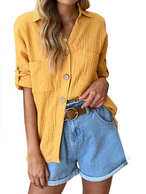 Load image into Gallery viewer, Camisa casual feminina de algodão e linho com bolsos