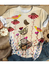 Load image into Gallery viewer, Camiseta feminina de algodão com estampa floral de pássaro fofo e gola redonda