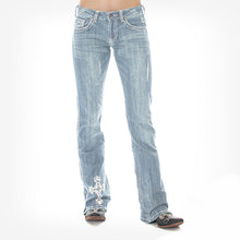 Load image into Gallery viewer, Calça jeans com bootcut prata com lavagem cruzada