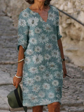 Load image into Gallery viewer, Vestido de algodão e linho largo e confortável com estampa de margarida para mulheres
