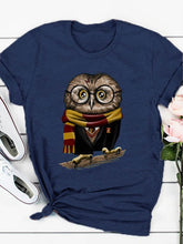 Load image into Gallery viewer, Camiseta feminina de manga curta estampada coruja com gola redonda