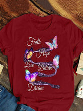 Load image into Gallery viewer, T-shirt feminina de manga curta com estampa de borboleta para senhoras, decote redondo, fé, esperança, amor, acreditar, sonho