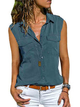 Load image into Gallery viewer, Camisa feminina de lapela de algodão e linho sem mangas