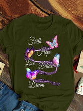 Load image into Gallery viewer, T-shirt feminina de manga curta com estampa de borboleta para senhoras, decote redondo, fé, esperança, amor, acreditar, sonho