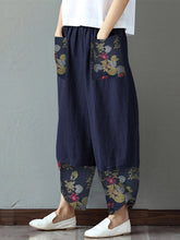 Load image into Gallery viewer, Pantalón de talla grande en cintura elástica estampada de algodón y lino para mujer