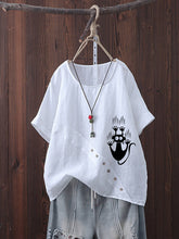 Load image into Gallery viewer, Short-sleeved casual cotton linen t-shirt with kitten print