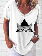 Load image into Gallery viewer, Women's V-neck Cat Print T-shirt