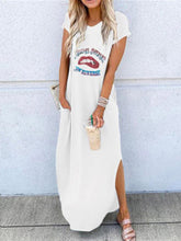Load image into Gallery viewer, Vestido feminino estampado com gola redonda e bolsos
