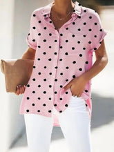 Load image into Gallery viewer, Women's short-sleeved cotton and linen shirt with polka dots