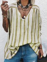 Load image into Gallery viewer, Camisa casual feminina de manga comprida de algodão e linho listrado