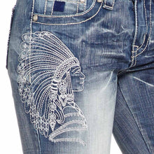 Load image into Gallery viewer, Embroidered and distressed bootcut jeans with beading