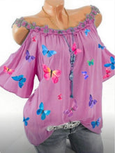 Load image into Gallery viewer, Camiseta de mujer con estampado de mariposas y hombros descubiertos