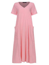 Load image into Gallery viewer, Plain cotton and linen dress with V-neck