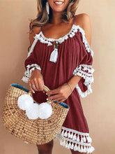 Load image into Gallery viewer, Vestido de linho com franjas de ombro e ombro