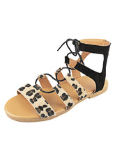 Load image into Gallery viewer, Sandalias romanas planas con tiras cruzadas y estampado de leopardo para mujer
