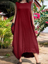 Load image into Gallery viewer, Vestido holgado de algodón y lino con cuello redondo para mujer
