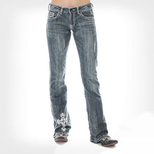 Load image into Gallery viewer, Calça jeans com bootcut prata com lavagem cruzada
