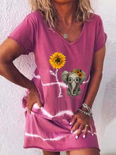 Load image into Gallery viewer, Vestido camiseta holgado de manga corta y estampado de girasol con cuello de pico
