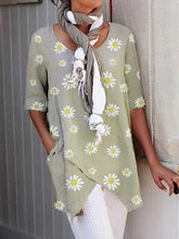 Load image into Gallery viewer, Women's short-sleeved shirt with round neck and linen and cotton print

