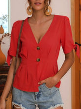Load image into Gallery viewer, Short-sleeved button-down cotton and cotton T-shirt for women
