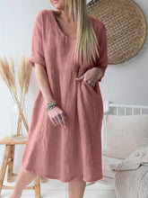 Load image into Gallery viewer, Vestido de algodão e linho largo e confortável com decote em V
