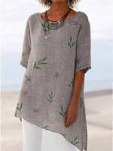 Load image into Gallery viewer, Camiseta de mujer de algodón y lino con cuello redondo y estampado floral retro
