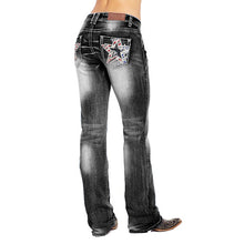 Load image into Gallery viewer, BANDEIRA DE MODA feminino com strass Bootcut desbotado jeans Cowboy
