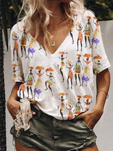 Load image into Gallery viewer, Camiseta feminina de manga curta estampada com decote em V estilo étnico feminino
