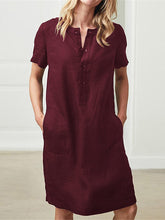 Load image into Gallery viewer, Vestido feminino de manga curta em linho e botão de algodão
