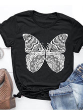 Load image into Gallery viewer, Camiseta feminina de manga curta em volta do pescoço com estampa borboleta

