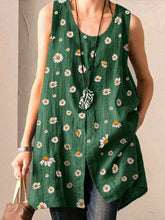 Load image into Gallery viewer, Camiseta de mujer de algodón y lino sin mangas con estampado de margaritas y cuello redondo
