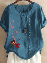Load image into Gallery viewer, Camisa retro de algodón y lino estampada con botones
