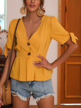 Load image into Gallery viewer, Short-sleeved button-down cotton and cotton T-shirt for women
