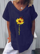 Load image into Gallery viewer, Camiseta e blusa feminina de algodão e linho com gola em V estampada
