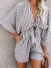 Load image into Gallery viewer, Wide striped cotton and linen jumpsuit with short sleeves and V-neck
