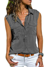 Load image into Gallery viewer, Camisa feminina de lapela de algodão e linho sem mangas
