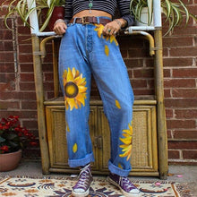 Load image into Gallery viewer, Women's straight leg jeans with sunflower print
