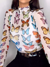 Load image into Gallery viewer, Camisa de algodón de manga larga con estampado de mariposas
