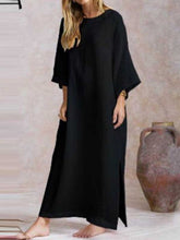 Load image into Gallery viewer, Long sleeve cotton and linen flared dress with round neck
