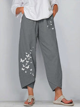 Load image into Gallery viewer, Pantalón grande de lino y algodón con estampado de mariposas
