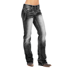 Load image into Gallery viewer, Calça jeans stretch bootcut com wash e estampa da bandeira americana
