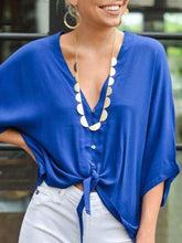 Load image into Gallery viewer, Camisa larga feminina de algodão e linho com decote em V
