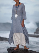 Load image into Gallery viewer, Asymmetric vintage linen dress with 3/4 sleeves and round neck
