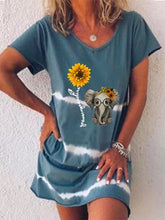 Load image into Gallery viewer, Vestido camiseta holgado de manga corta y estampado de girasol con cuello de pico
