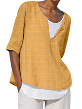Load image into Gallery viewer, Camiseta feminina de algodão xadrez de manga comprida
