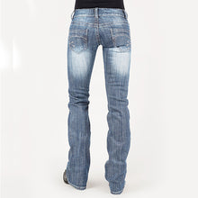 Load image into Gallery viewer, Calça jeans de montaria feminina com corte flecha azul
