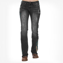 Load image into Gallery viewer, Washed bootcut jeans with Feather &amp; Dreamcatcher embroidery

