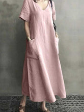Load image into Gallery viewer, Plain cotton and linen dress with V-neck
