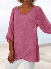 Load image into Gallery viewer, Col V Lin Plain Casual Asymmetrical Sleeve 3/4 Smooth Tops
