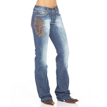 Load image into Gallery viewer, Washed Rhinestone Embroidered Stretch Bootcut Jeans
